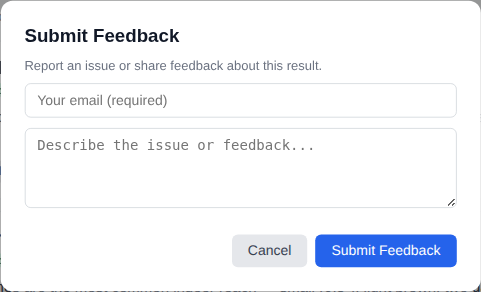 Submit Feedback modal with email input and feedback textarea